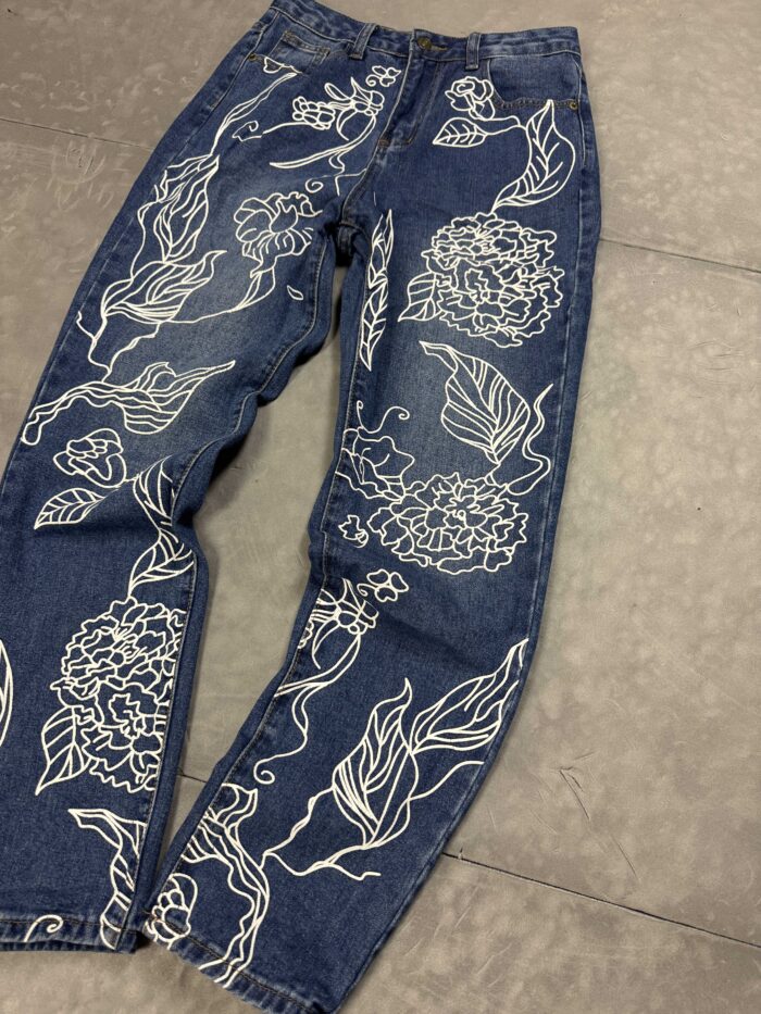 Spodnie jeansowe z retro nadrukami baggy y2k denim (S) - obrazek 3