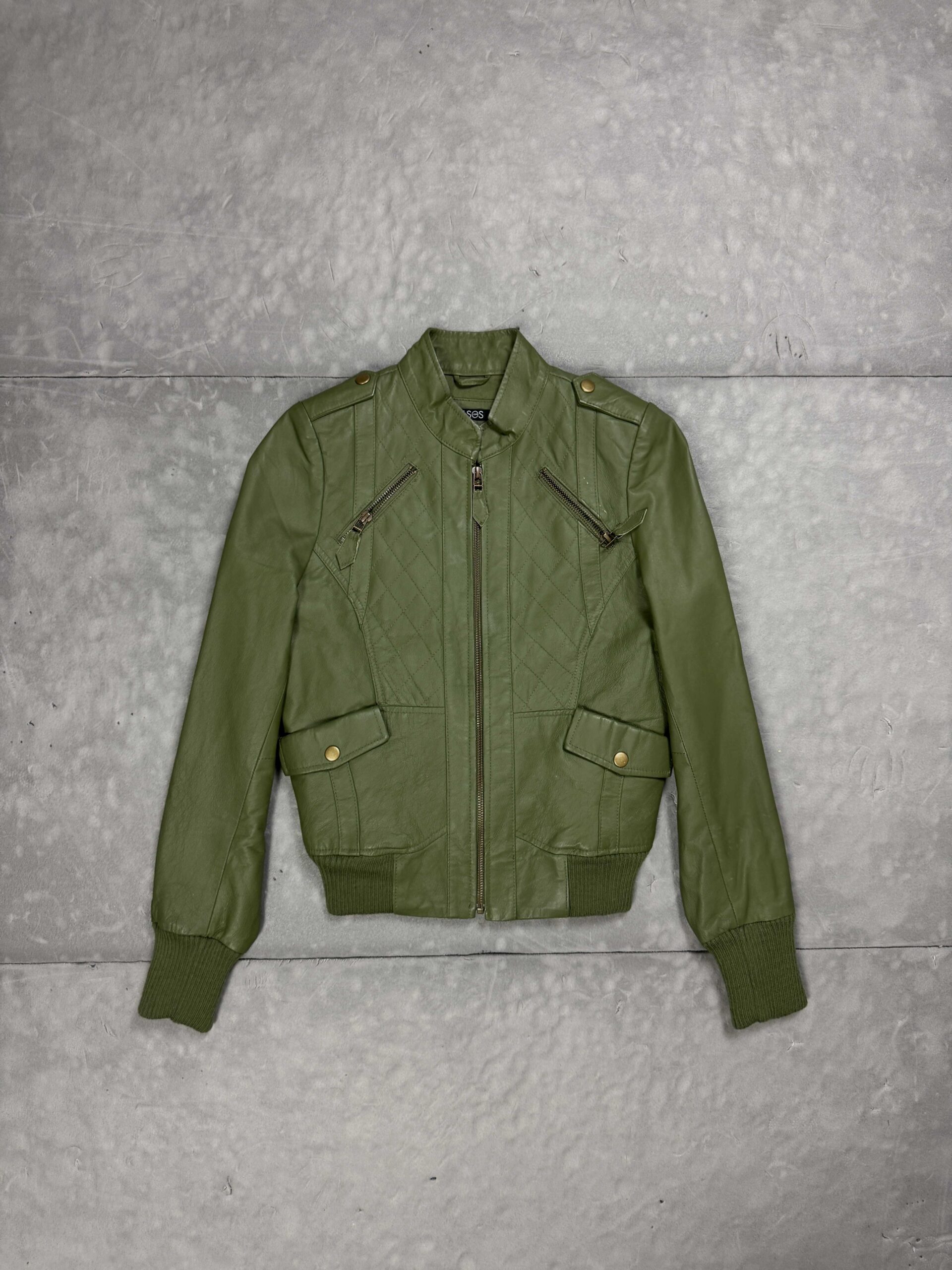 ASOS zielona kurtka skórzana damska biker leather jacket (S)