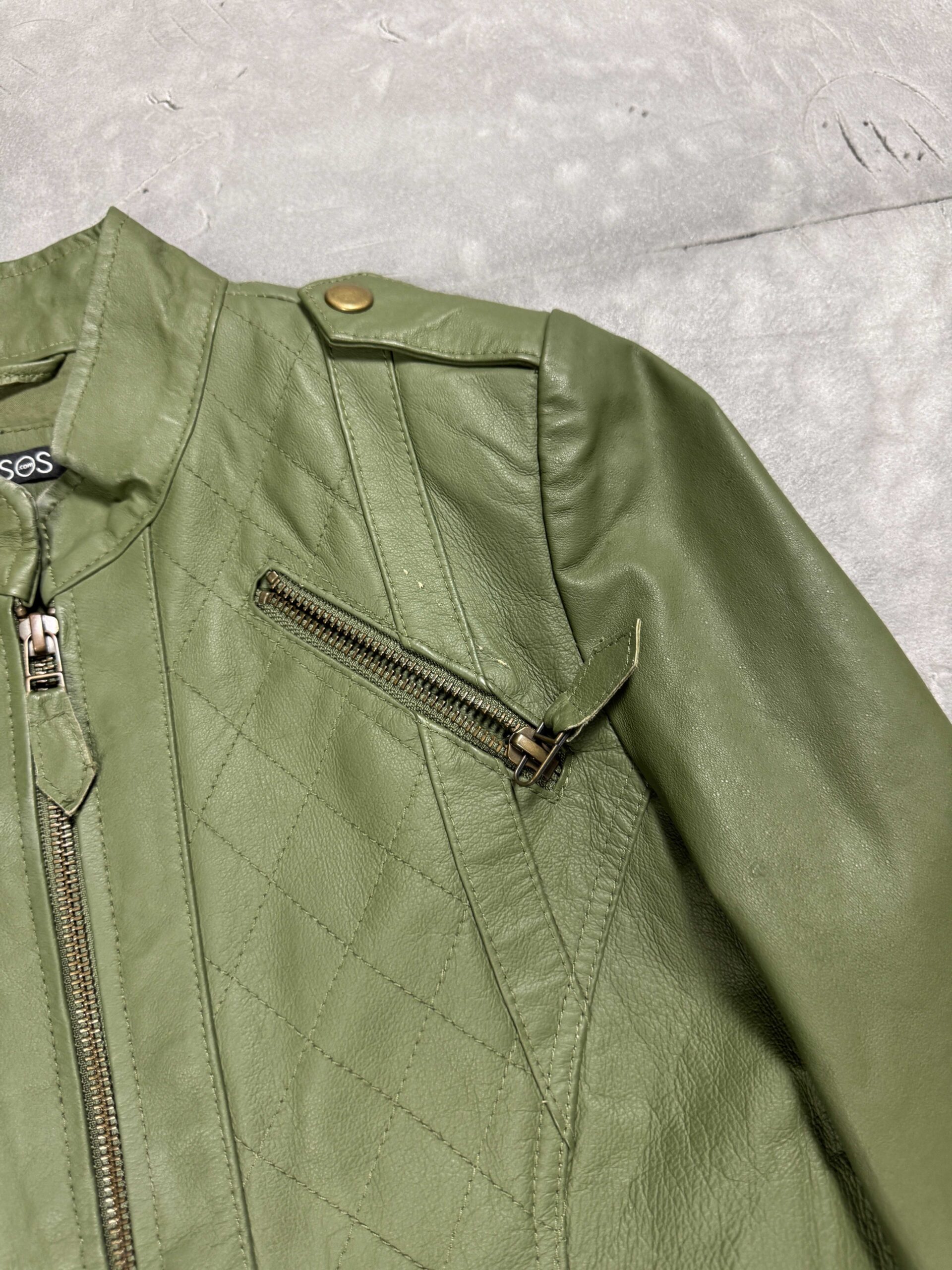 ASOS zielona kurtka skórzana damska biker leather jacket (S) - obrazek 5