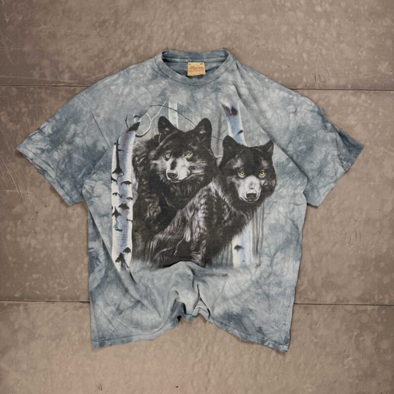Vintage oversize tie dye T-shirt koszulka z nadrukiem wilków (XXL)
